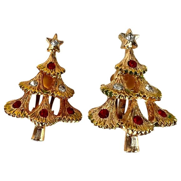 New Vintage Avante Christmas Tree Clip On Earrings Rhinestones Gold Tone Holiday - Picture 2 of 5